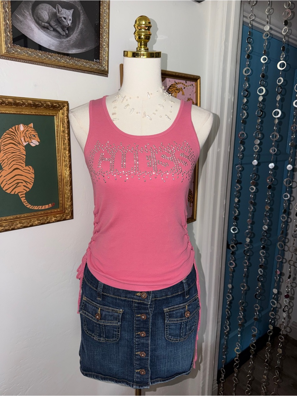 Vintage Y2K GUESS Pink Rhinestone Logo Tank Top